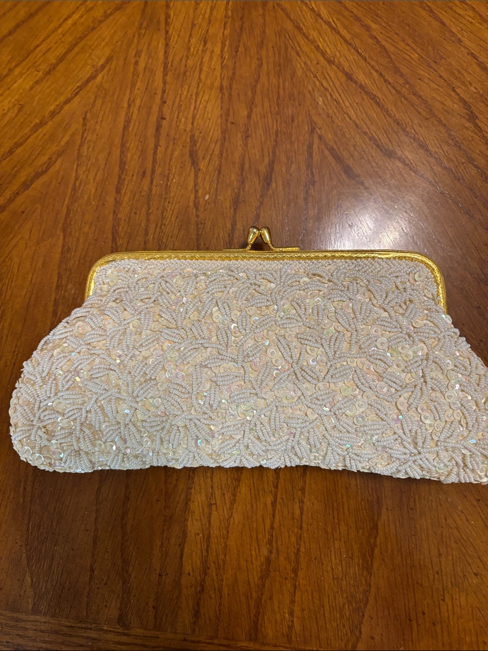 Beaded Ivory Evening Clutch with Gold Frame